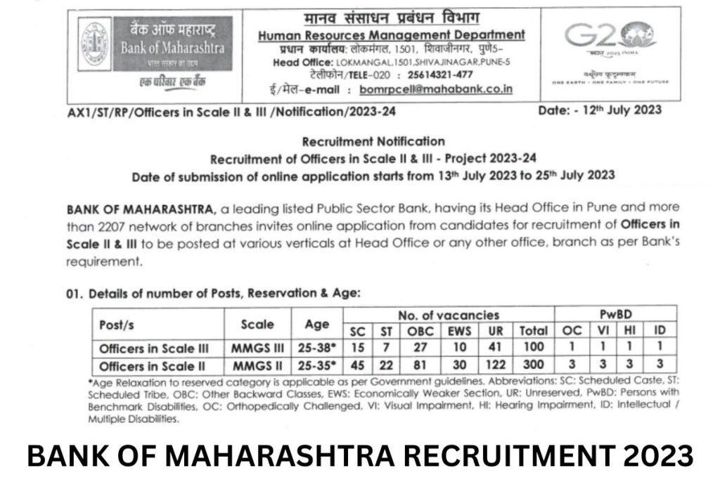Bank of Maharashtra Recruitment 2023, Notification, Eligibility, Application Form @ bankofmaharashtra.in