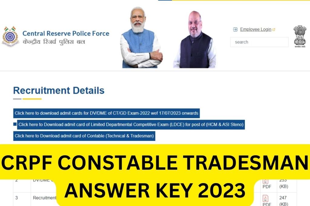 CRPF Constable Tradesman Answer Key 2023, rect.crpf.gov.in Response Sheet Link
