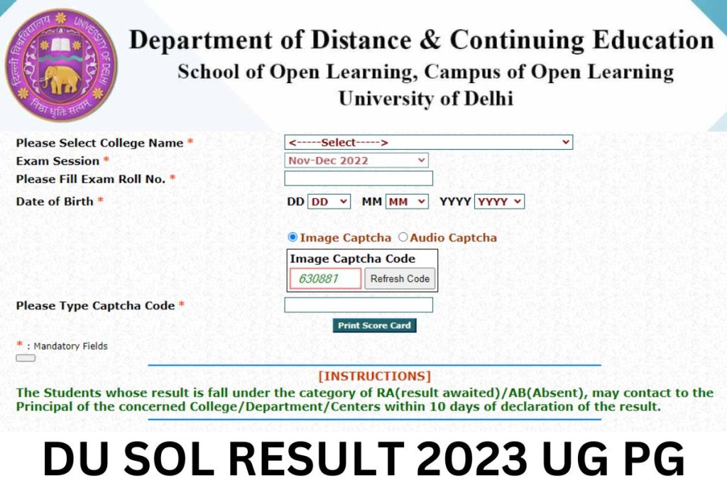 DU SOL Result 2023 UG PG @ sol.du.ac.in