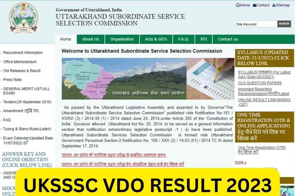 UKSSSC VDO Result 2023, Gram Vikas Adhikari Cut Off Marks, Merit List