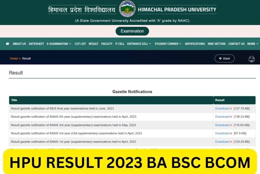 Himachal Pradesh University Result 2023, HPU BA, Bsc, Bcom Marksheet