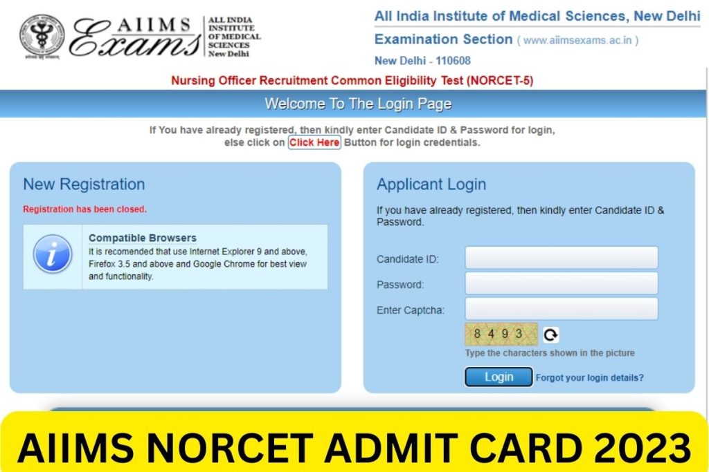 AIIMS NORCET 5 Admit Card 2023, norcet5.aiimsexams.ac.in Hall Ticket Link