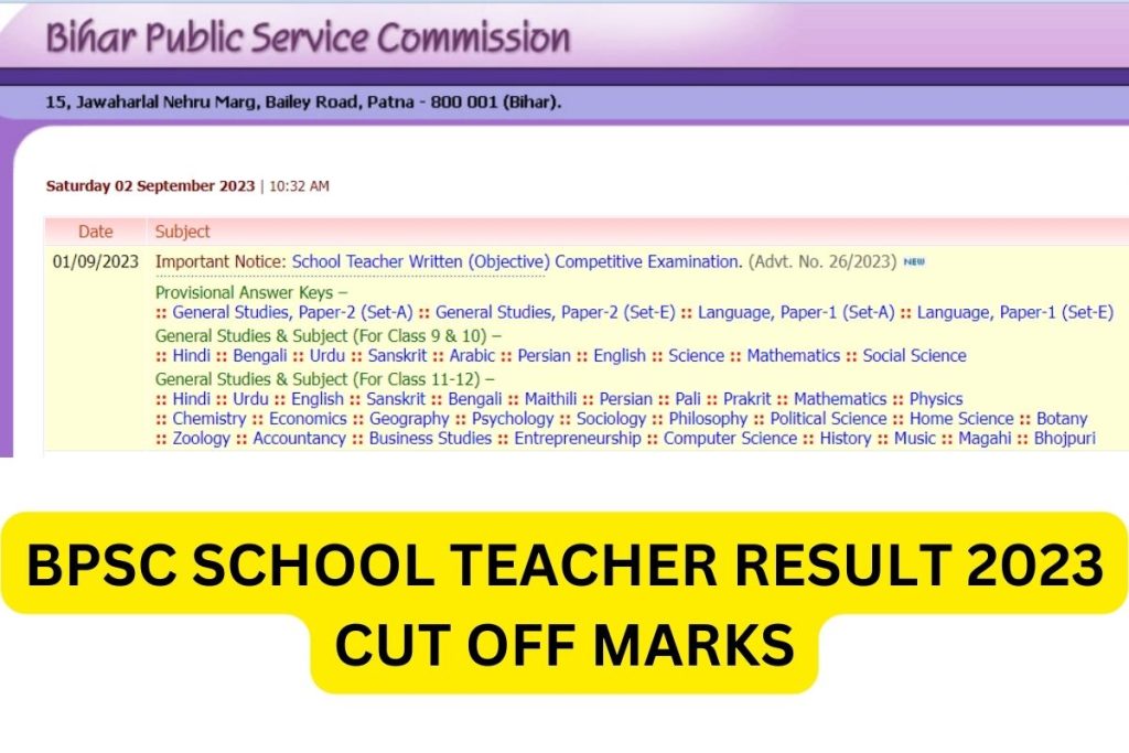 BPSC Teacher Result 2023, TGT PGT Cut Off Marks