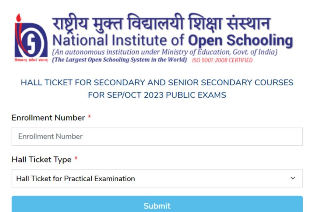 NIOS Hall Ticket 2023 Class 10th, 12th Admit Card Link Theory and Practical
