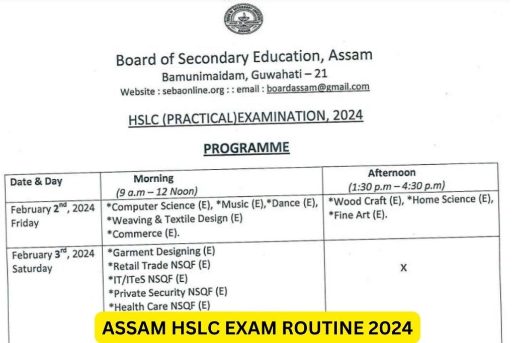 Assam HSLC Routine 2024, Class 10 Time Table Pdf Download