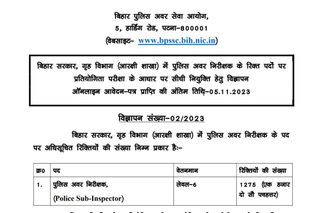 Bihar Police SI Recruitment 2023, Notification, Apply Online @ bpssc.bih.nic.in