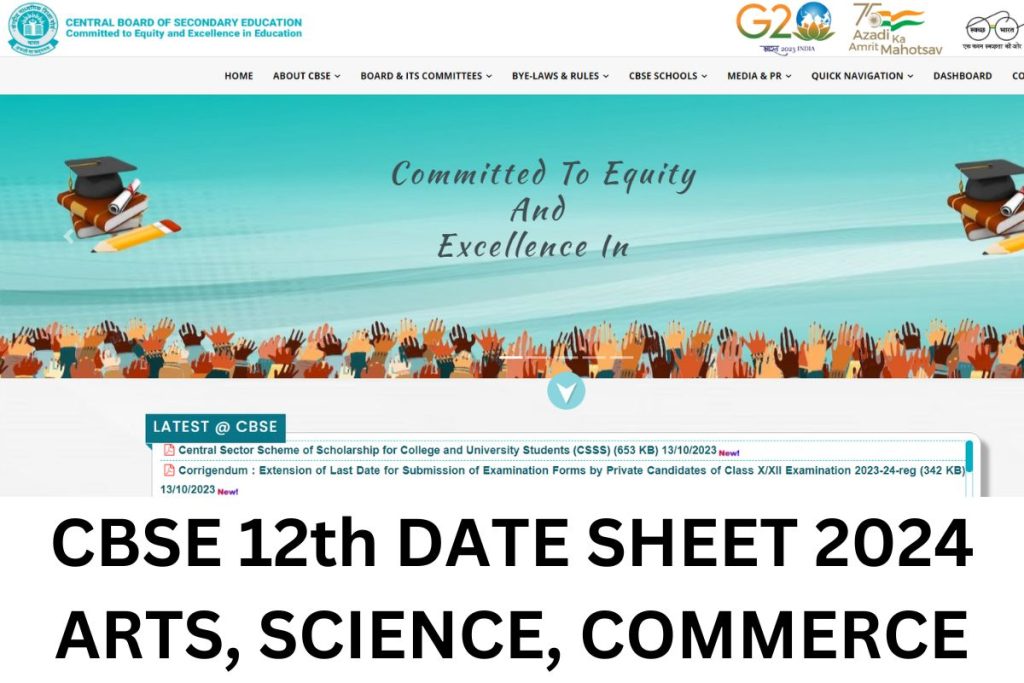 CBSE 12th Date Sheet 2024 PDF, Class 12 Arts, Science, Commerce Exam Date
