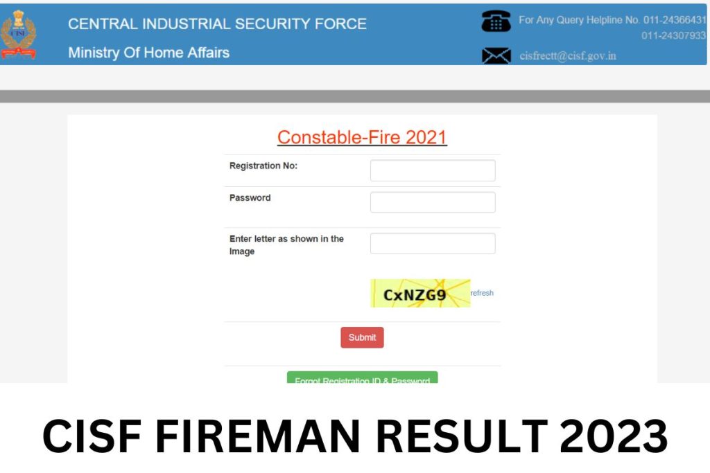 CISF Fireman Result 2023, Constable Cut Off Marks