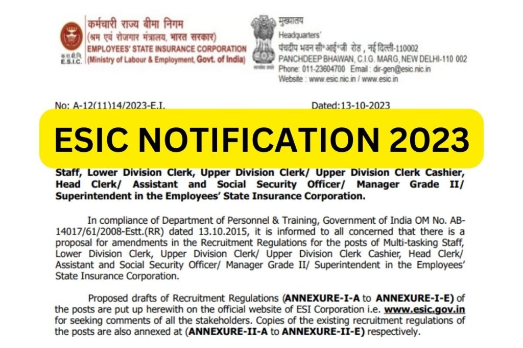 ESIC Recruitment 2023, Clerk Notification, Apply Online