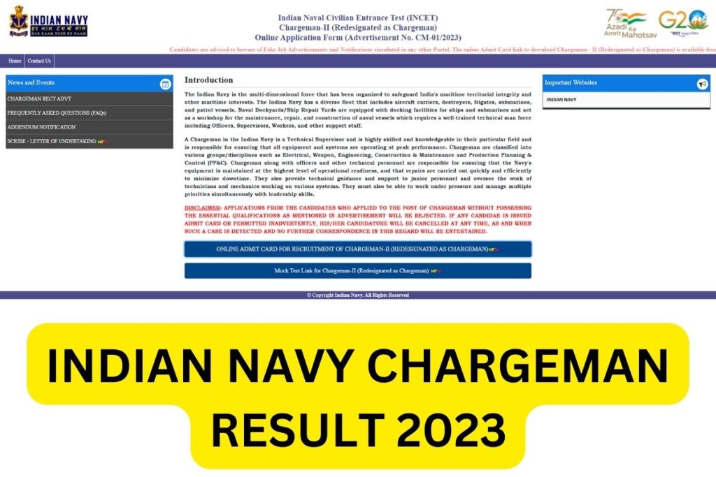 Indian Navy Chargeman Result 2023, Cut Off Marks, Merit List
