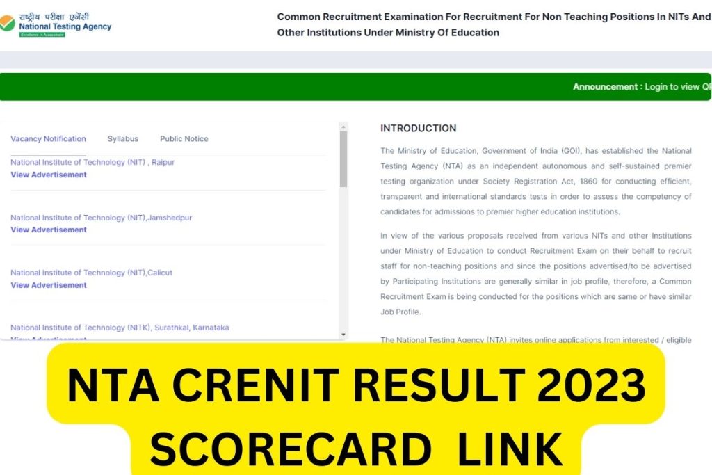 NTA CRENIT Result 2023, Cut Off Marks, Merit List, Scorecard Link