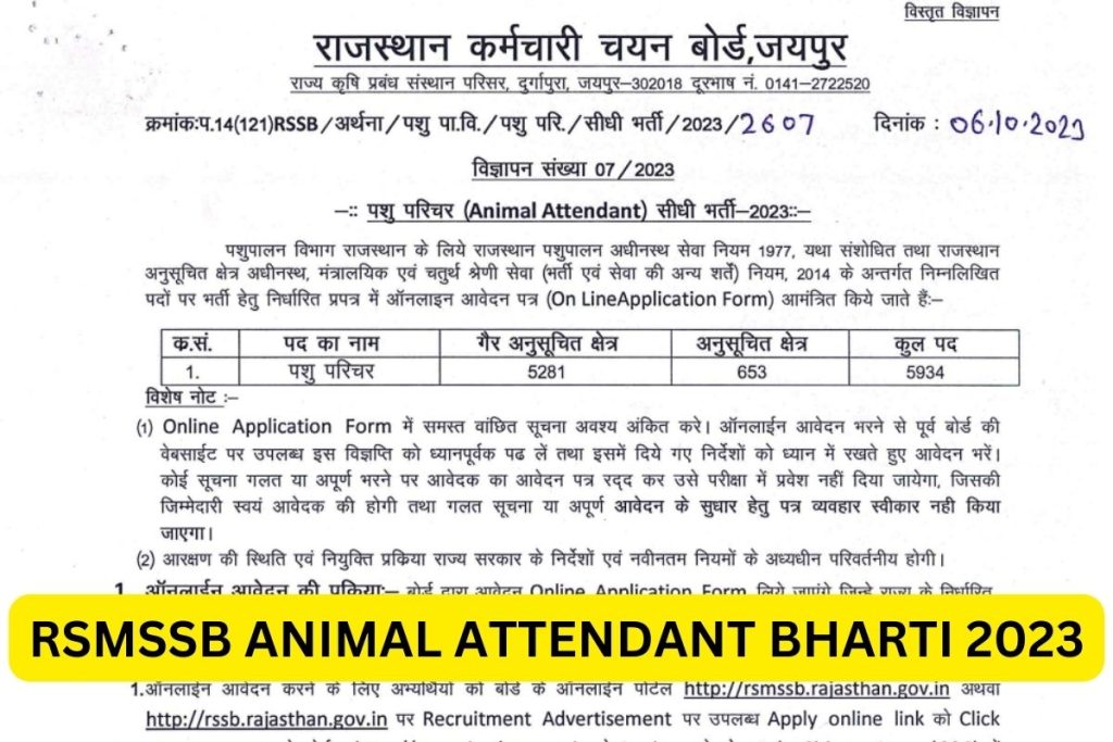 RSMSSB Animal Attendant Recruitment 2023, Rajasthan Animal Attendant Notification, Application Form