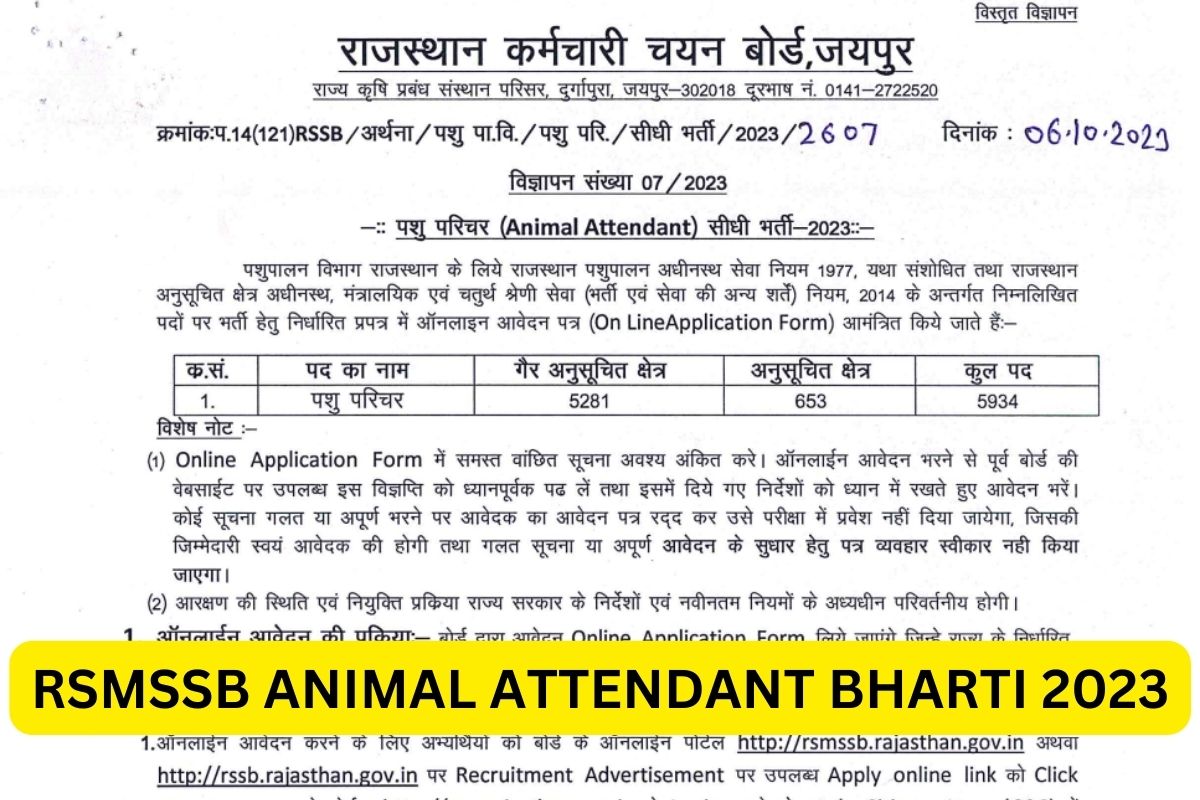 RSMSSB Animal Attendant Recruitment 2023, Pashu Parichar Notification Online