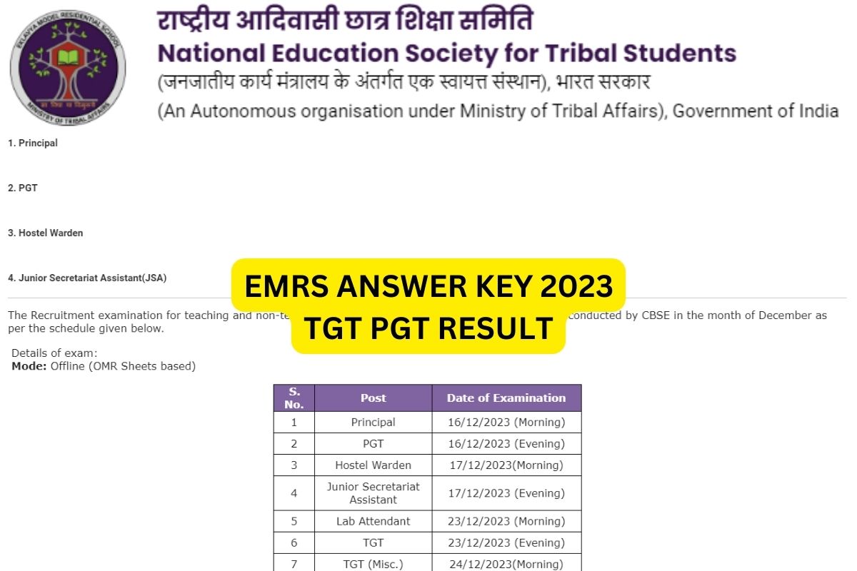 EMRS Result 2024 - Cut Off Marks, Merit List, Answer Key Link