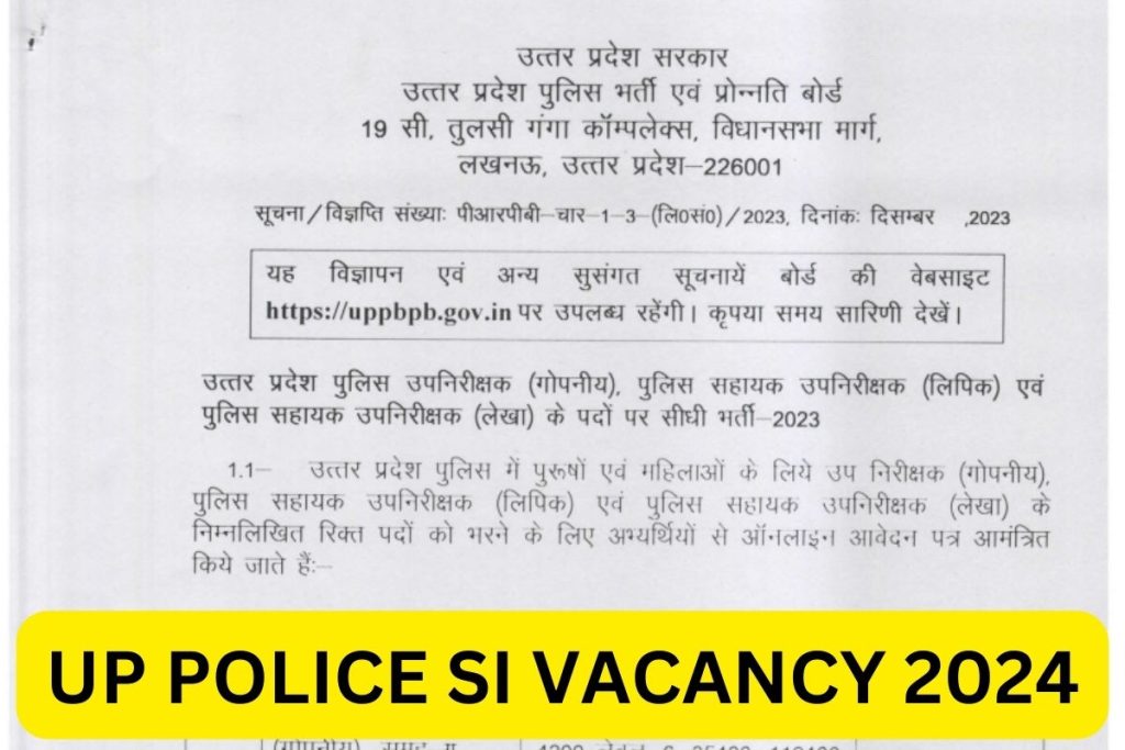 UP Police SI Vacancy 2024, Notification, Eligibility, Application Form
