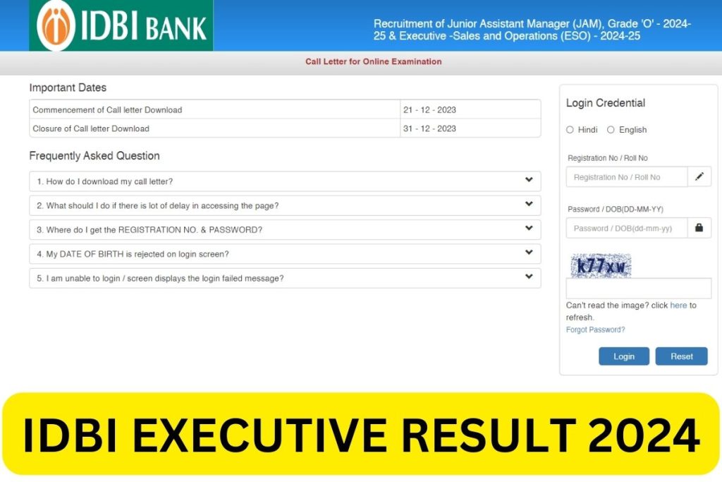 IDBI Executive Result 2024, Cut Off Marks & Merit List