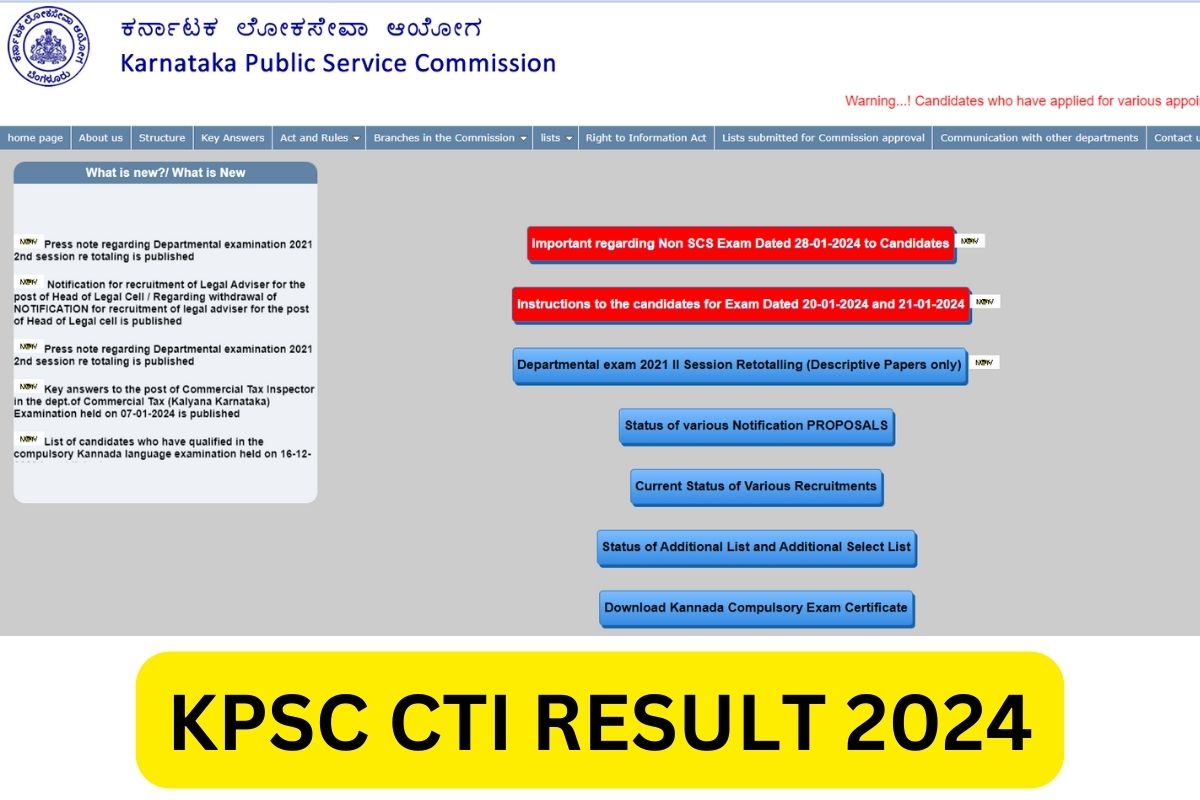 KPSC CTI Result 2024, Karnataka Commercial Tax Inspector Cut Off Marks & Merit List