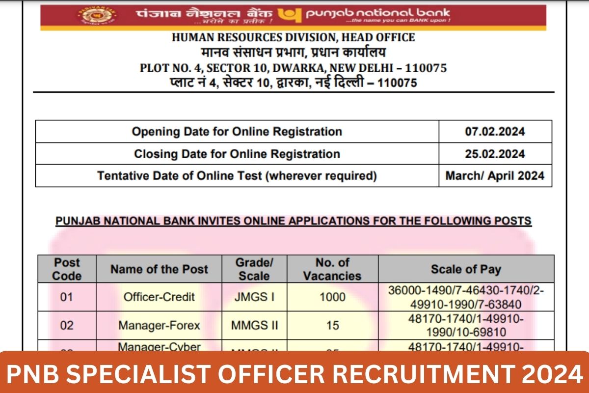 PNB SO Recruitment 2024 - Specialist Officer Notification Pdf, Apply Online