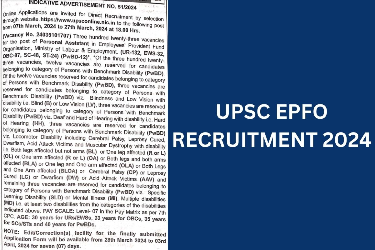 UPSC EPFO Recruitment 2024, Notification, Application Form, Eligibility, Apply Online